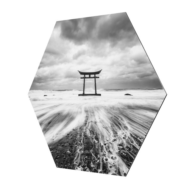 Hexagons Aluminium Dibond schilderijen Japanese Torii In The Ocean
