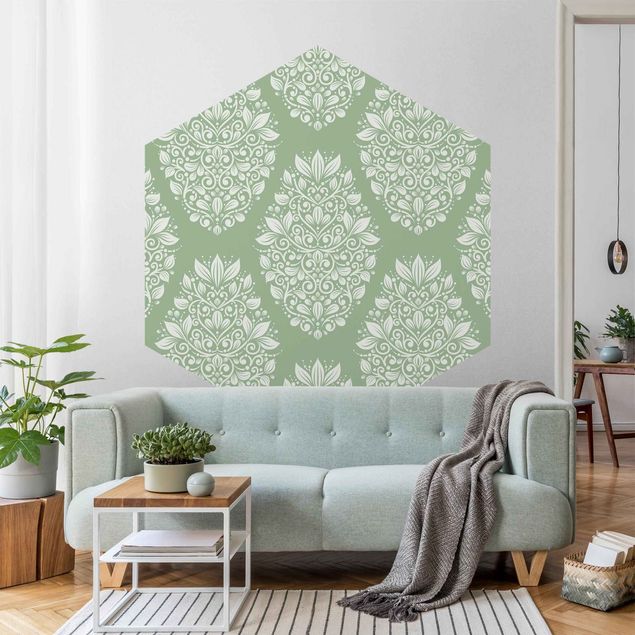 Hexagon Behang Art Nouveau Pattern On Green