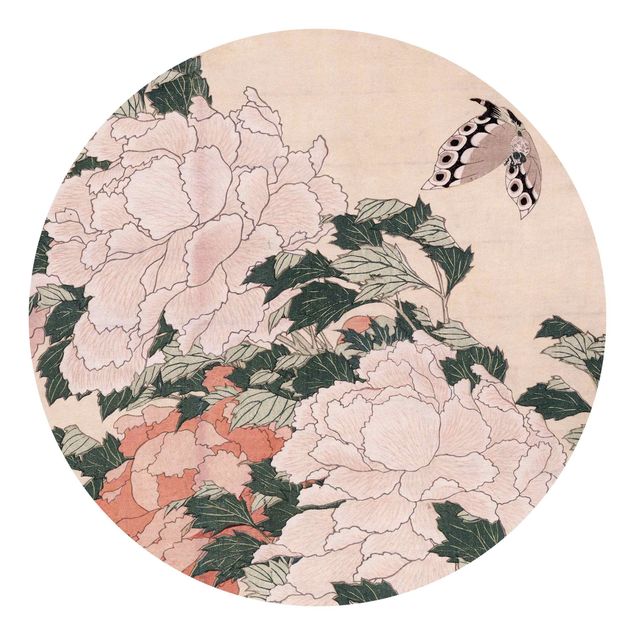 Behangcirkel Katsushika Hokusai - Pink Peonies With Butterfly