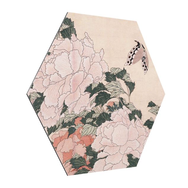 Hexagons Aluminium Dibond schilderijen - Katsushika Hokusai - Pink Peonies With Butterfly