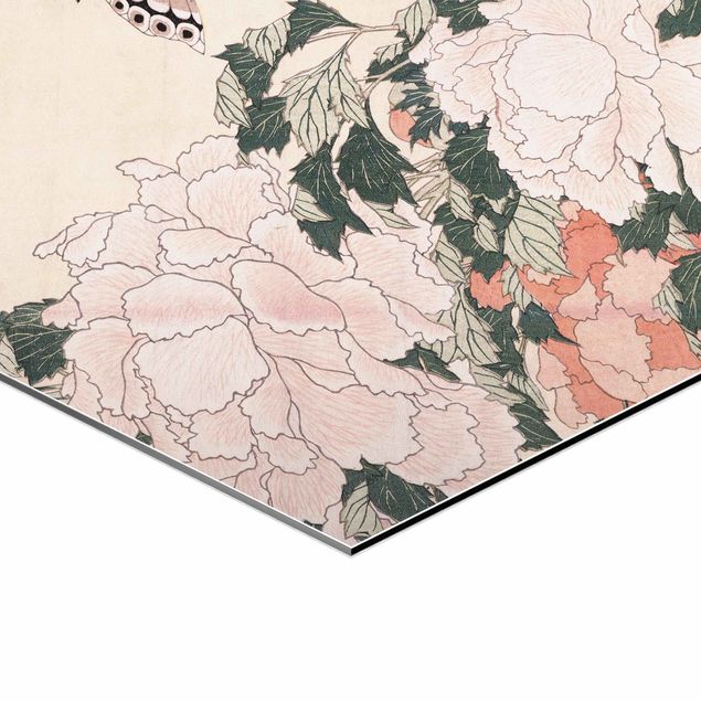 Hexagons Aluminium Dibond schilderijen - Katsushika Hokusai - Pink Peonies With Butterfly