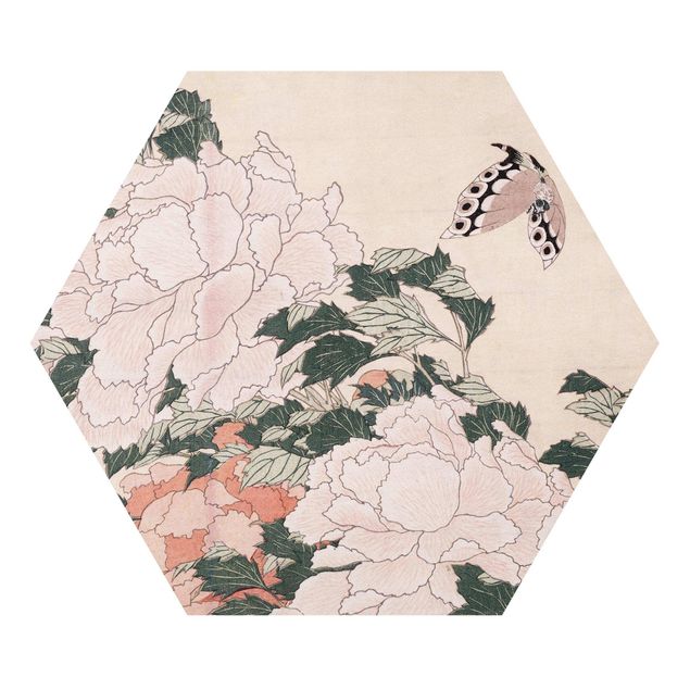 Hexagons Forex schilderijen - Katsushika Hokusai - Pink Peonies With Butterfly