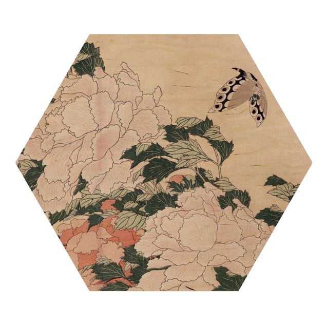 Hexagons houten schilderijen - Katsushika Hokusai - Pink Peonies With Butterfly