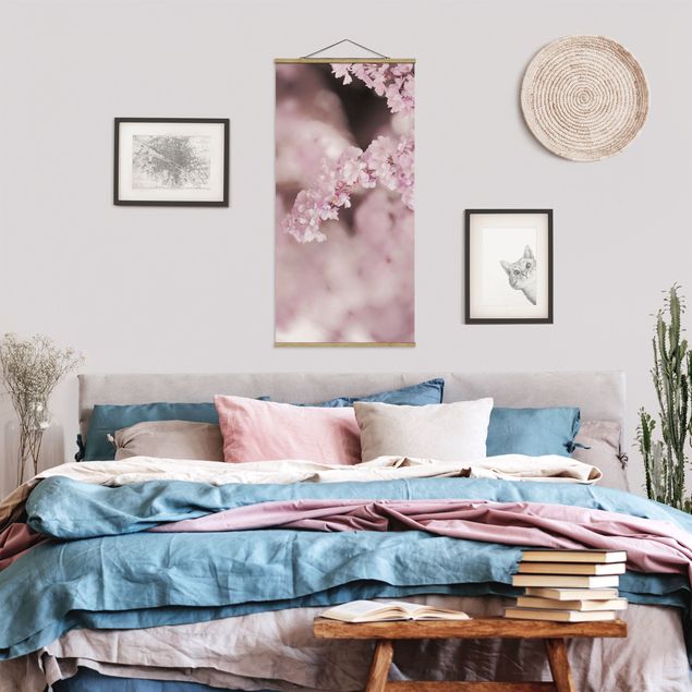 Stoffen schilderij met posterlijst Cherry Blossoms In Purple Light