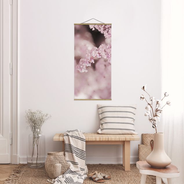 Stoffen schilderij met posterlijst Cherry Blossoms In Purple Light