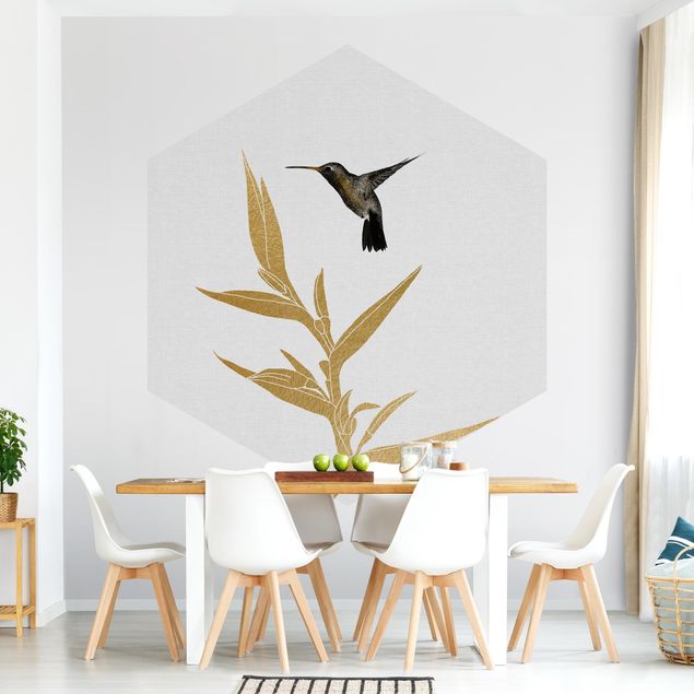 Hexagon Behang Hummingbird And Tropical Golden Blossom II
