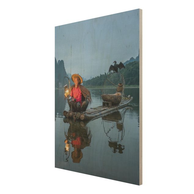 Houten schilderijen Cormorant Fisherman At Dusk