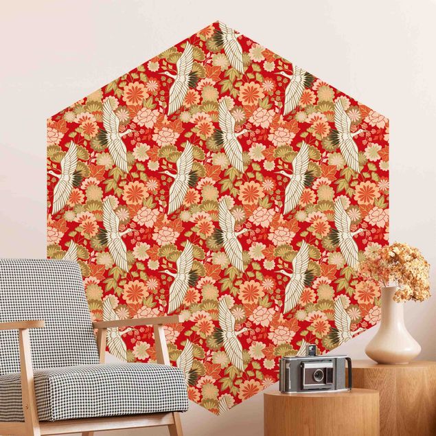 Hexagon Behang - Cranes And Chrysanthemums Red