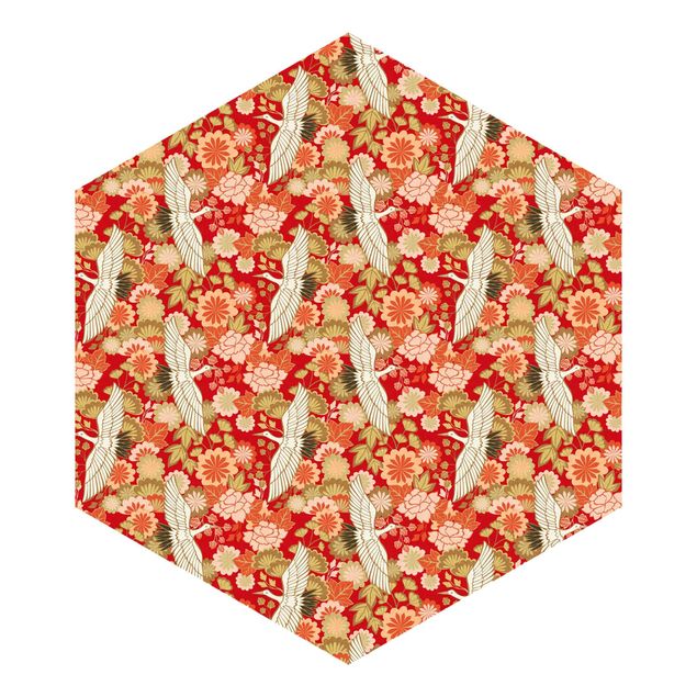 Hexagon Behang - Cranes And Chrysanthemums Red