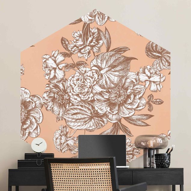 Hexagon Behang Copper Engraving Flower Bouquet