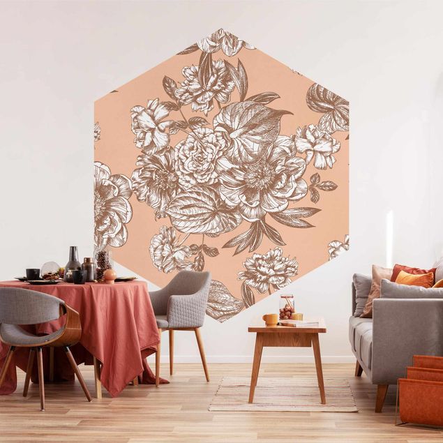 Hexagon Behang Copper Engraving Flower Bouquet