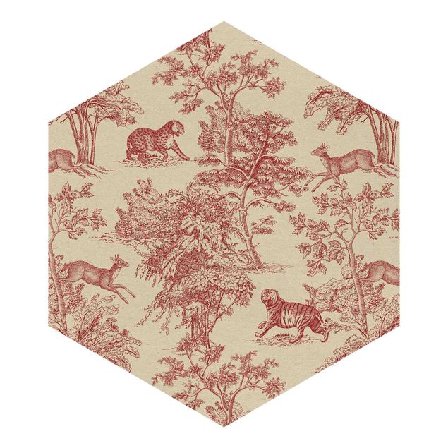 Hexagon Behang - Copper Engraving Impression - Jaguar With Deer On Nature Paper