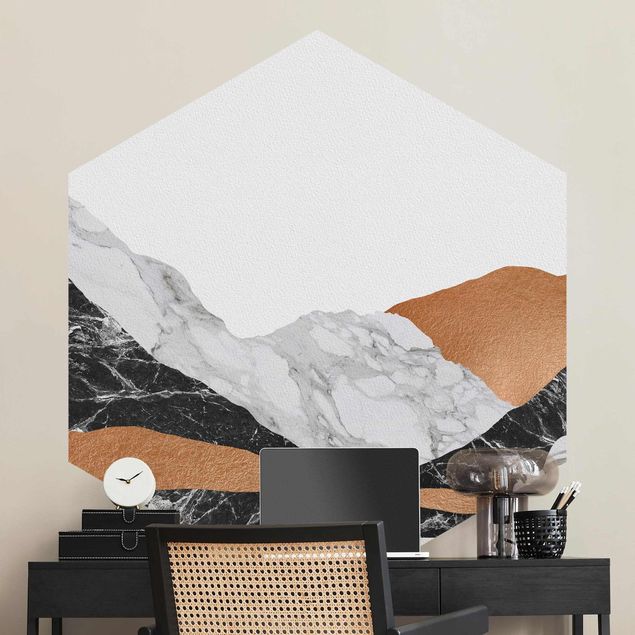 Hexagon Behang Landscape In Marble And Copper
