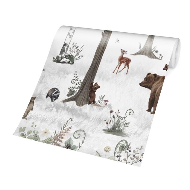 Fotobehang - Silent white forest with animals