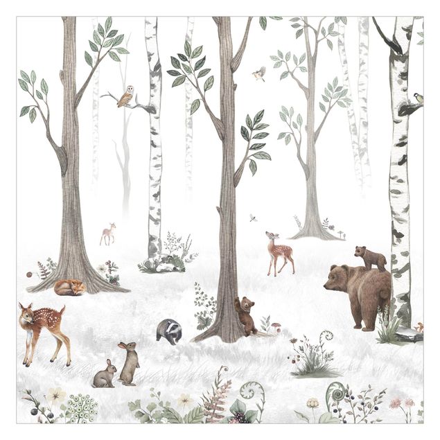 Fotobehang - Silent white forest with animals