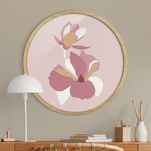 Rond schilderijen Line Art fioriture in pastello rosa
