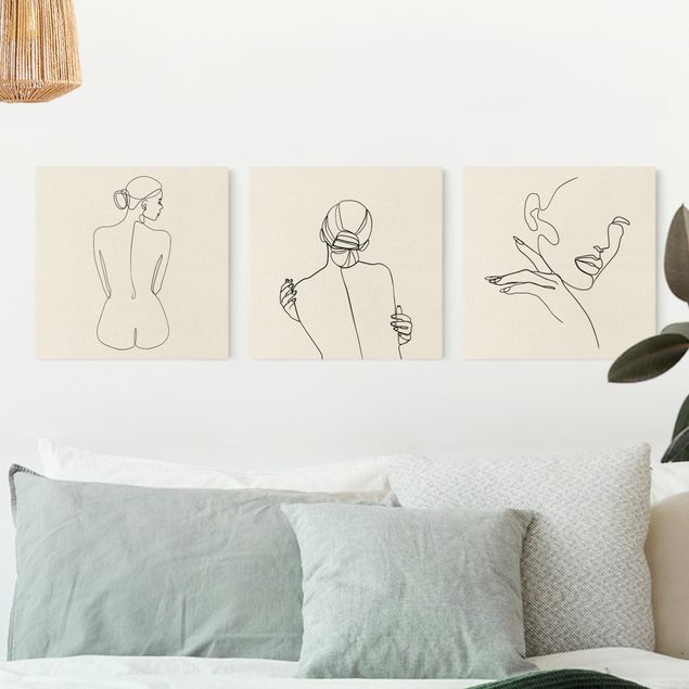 Natuurlijk canvas schilderijen - 3-delig Line Art Women Nude Drawing Black And White Set