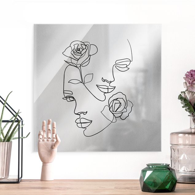 Glas Magnettafel Line Art Faces Women Roses Black And White