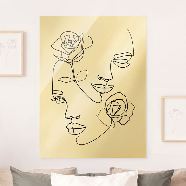 Glas Magnettafel Line Art Faces Women Roses Black And White