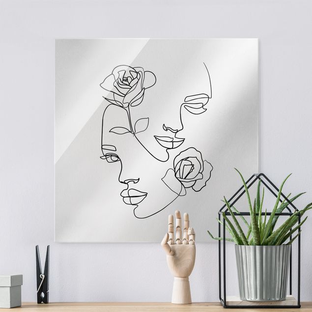 Glasschilderijen Line Art Faces Women Roses Black And White