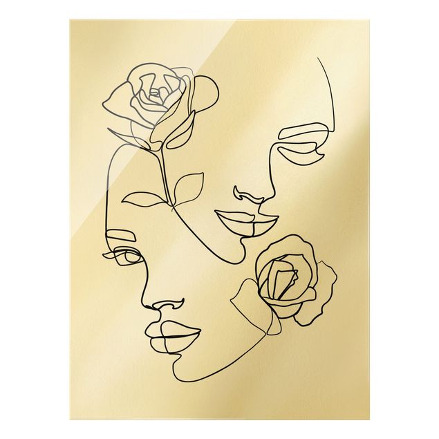 Glasschilderijen Line Art Faces Women Roses Black And White
