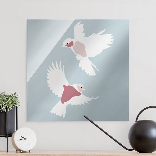 Glasschilderijen Line Art Pigeons Pastel