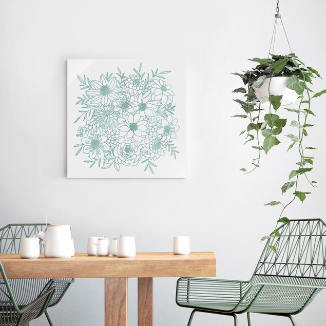 Glasschilderijen Lineart Flowers In Metallic Green