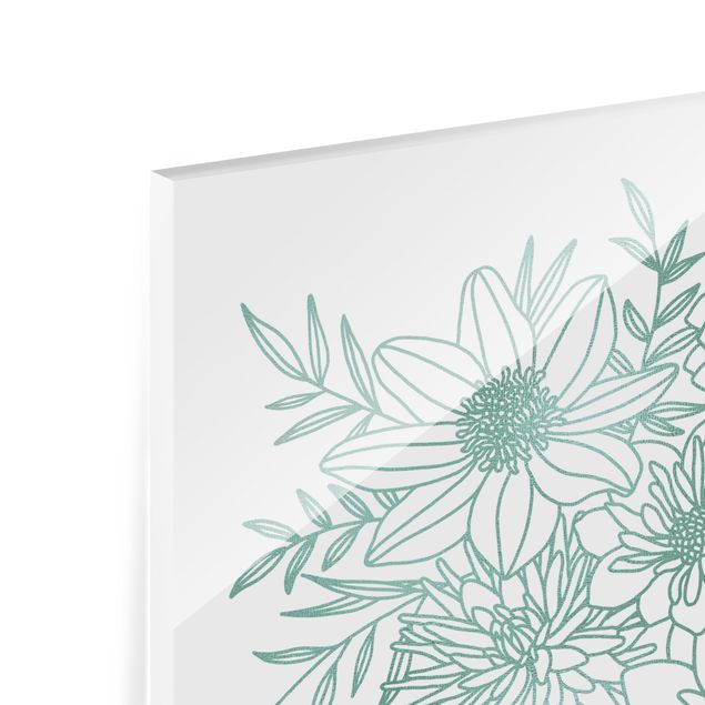 Glasschilderijen Lineart Flowers In Metallic Green