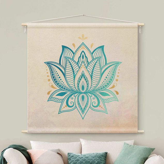 Wandkleed xxl Lotus Illustration Mandala Gold Blue