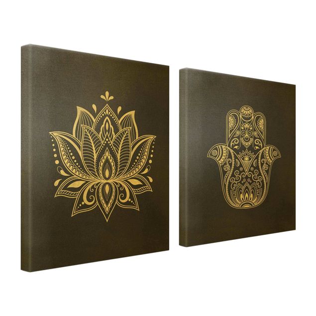 Canvas schilderijen - 2-delig  Lotus Illustration And Hamsa Hand Set