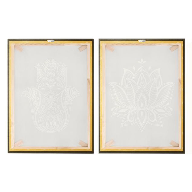 Canvas schilderijen - 2-delig  Lotus Illustration And Hamsa Hand Set