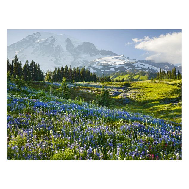 Magneetborden - Mountain Meadow With Blue Flowers in Front of Mt. Rainier