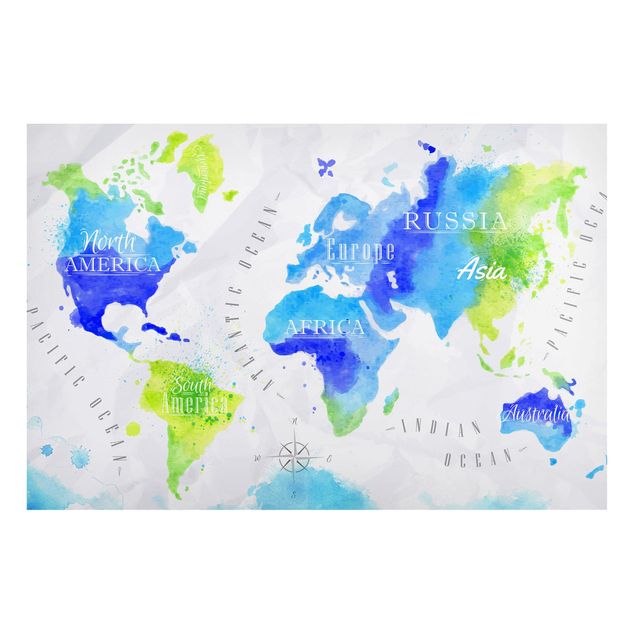 Magneetborden World Map Watercolour Blue Green