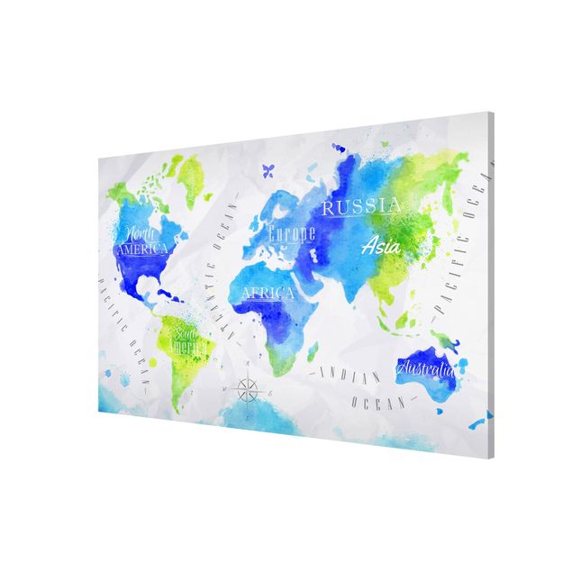 Magneetborden World Map Watercolour Blue Green