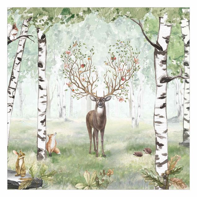 Fotobehang - Majestic deer in the birch forest