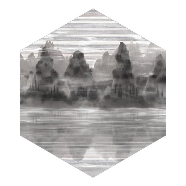 Hexagon Behang - Picturesque Mountains in Mystical Fog