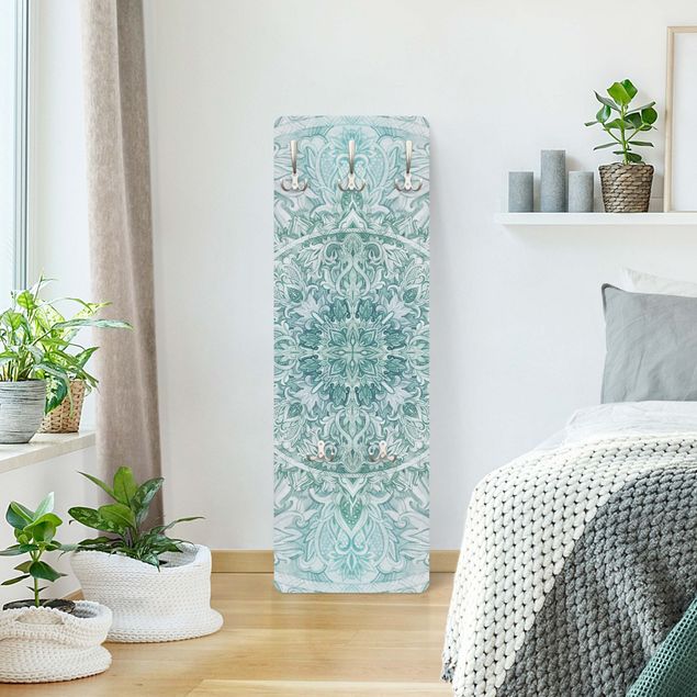 Wandkapstokken houten paneel - Mandala Watercolour Ornament Pattern Turquoise
