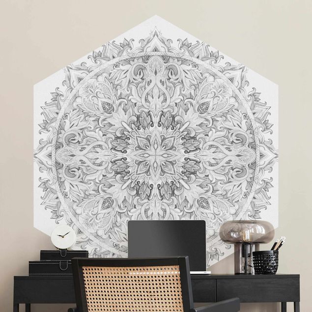 Hexagon Behang Mandala Watercolour Ornament Black And White
