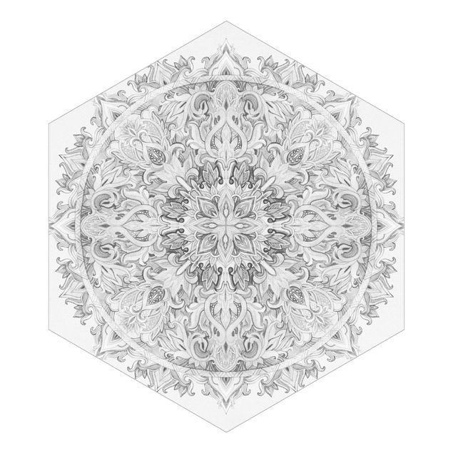 Hexagon Behang Mandala Watercolour Ornament Black And White