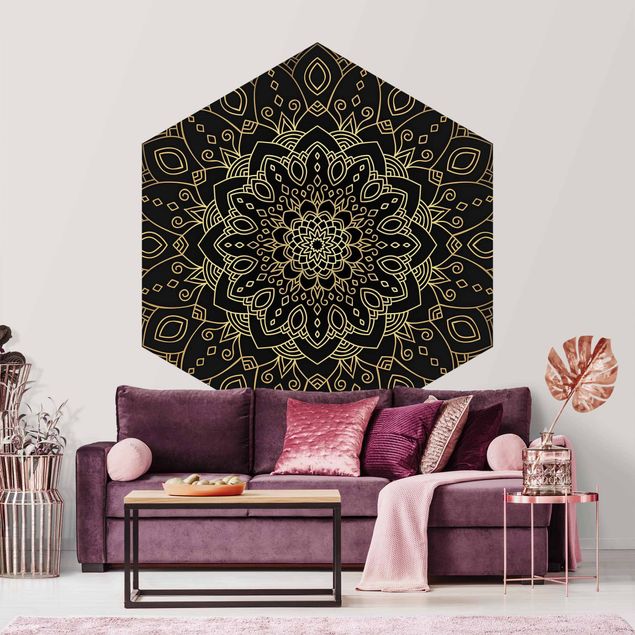 Hexagon Behang Mandala Flower Pattern Gold Black