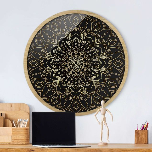 Runde gerahmte Bilder Mandala Flower Pattern Gold Black
