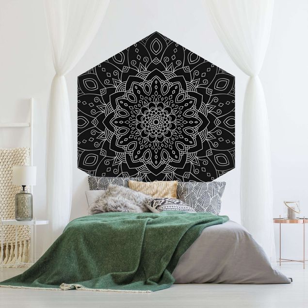 Hexagon Behang Mandala Flower Pattern Silver Black