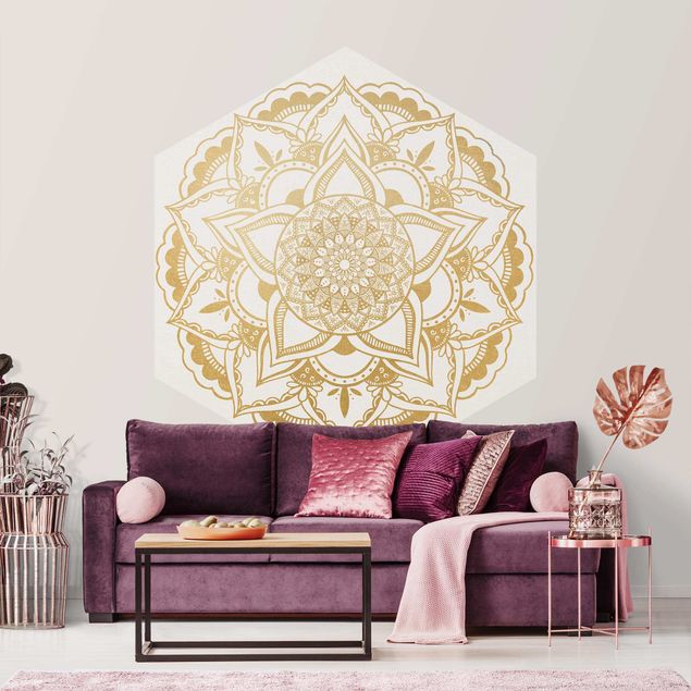Hexagon Behang Mandala Flower Gold White