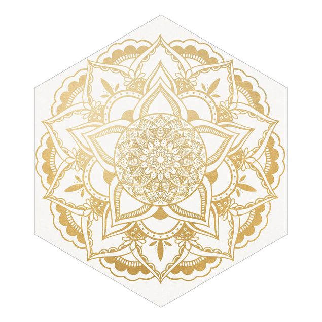 Hexagon Behang Mandala Flower Gold White