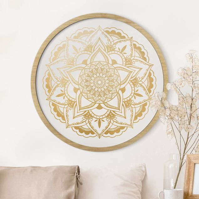 Gerahmte Bilder Rund Mandala Flower Gold White