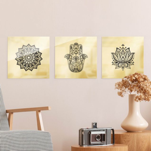 Glasschilderijen - 3-delig Mandala Hamsa Hand Lotus Set On White