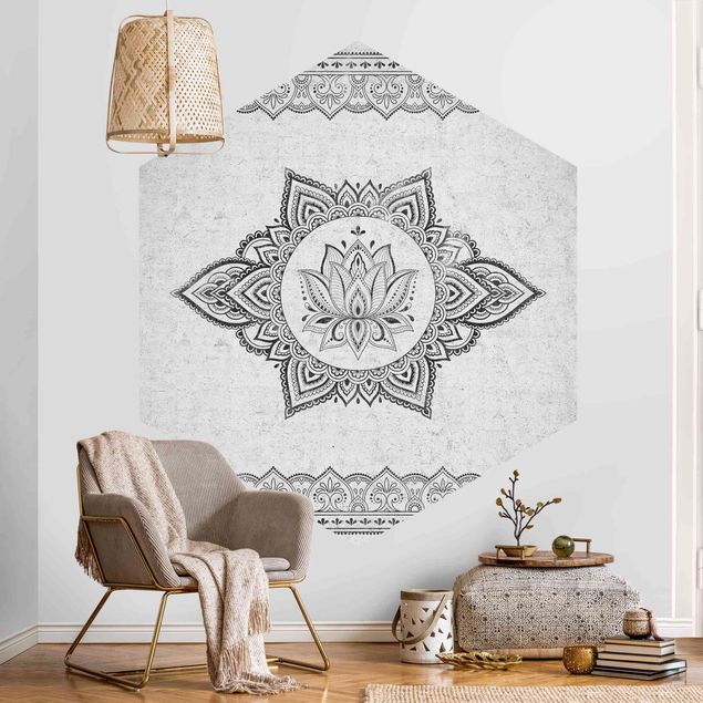 Hexagon Behang Mandala Lotus Concrete Look