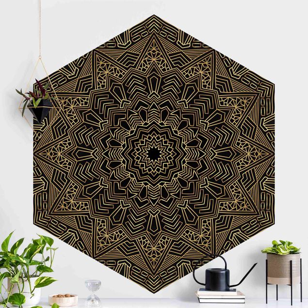 Hexagon Behang Mandala Star Pattern Gold Black
