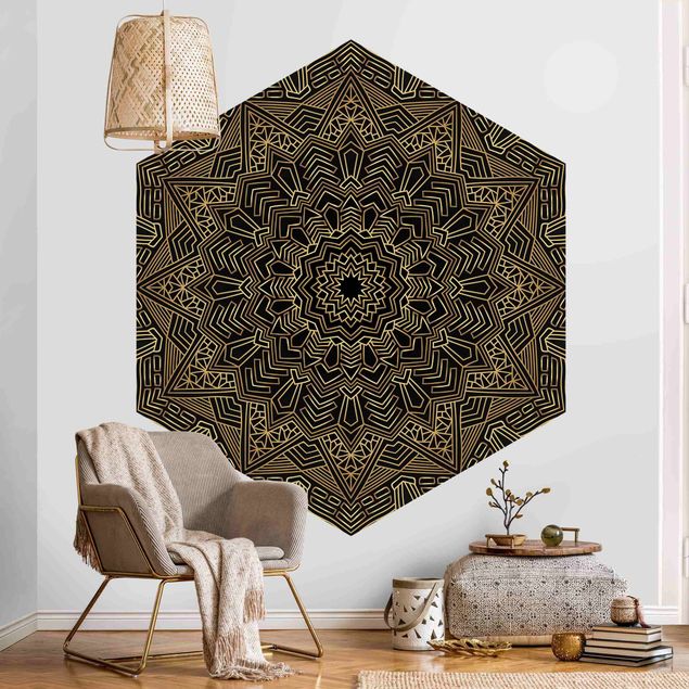 Hexagon Behang Mandala Star Pattern Gold Black