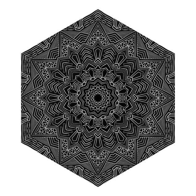 Hexagon Behang Mandala Star Pattern Silver Black